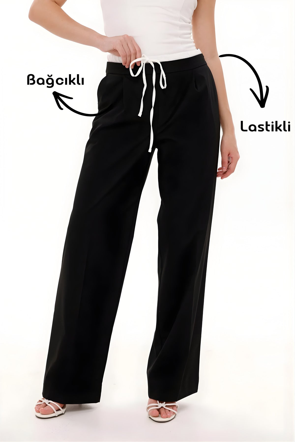 Kadın Pantolon Beli Lastikli Bağcıklı Yancepli Geniş Paça Pantolon Kadın Kemer Garnili Şık