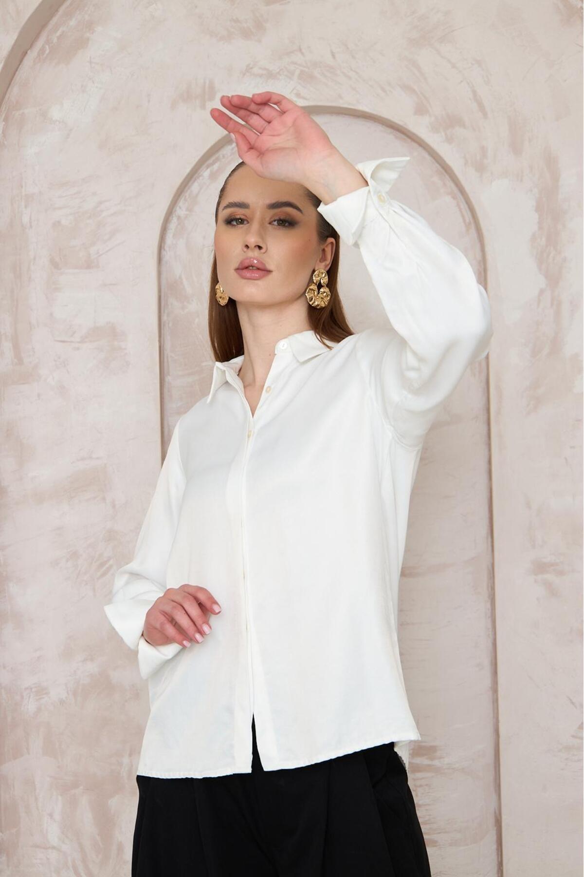 Kadın Gömlek Beyaz Kadın Gömlek Uzun Boy Kadın Tesettür Gömlek Kadın Düz Uzun Kollu Rahat