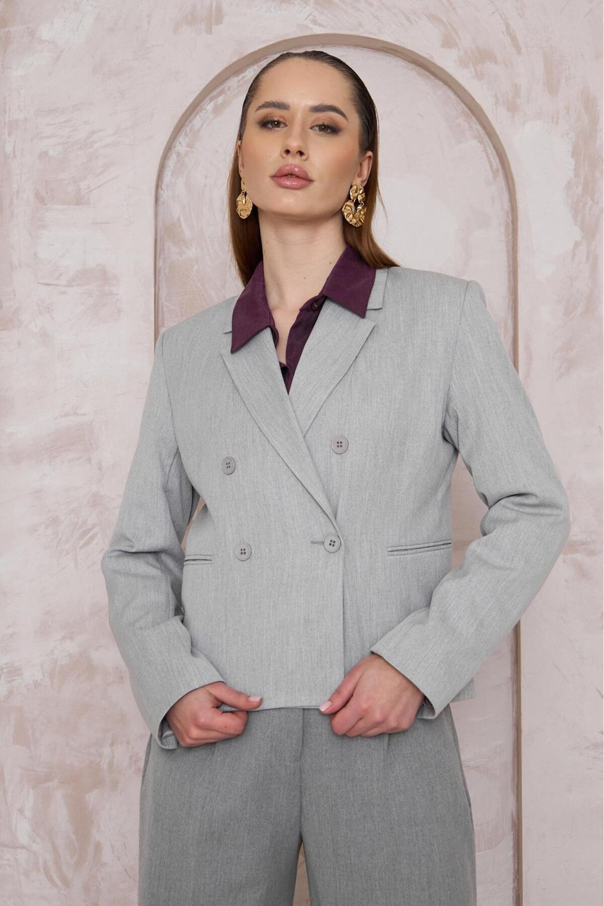 Kadın Ceket Kısa Ceket Blazer Ceket Gri Düğmeli Şık Mevsimlik Klasik