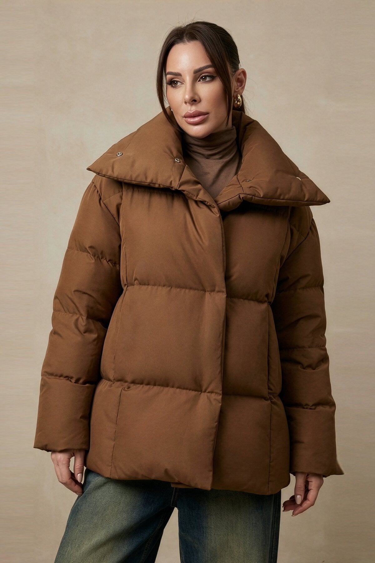 Kadın Mont Şişme Kadın Mont Dik Yaka Mevsimlik Şık Bomber Camel Kadın Kaban