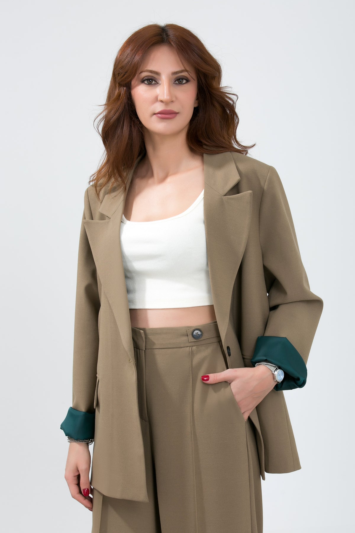 Alt Üst Takım Kadın Blazer Ceket Pantolon Takım Önden Kapaklı Cepli Rahat Ceket Pantolon Takımı Haki