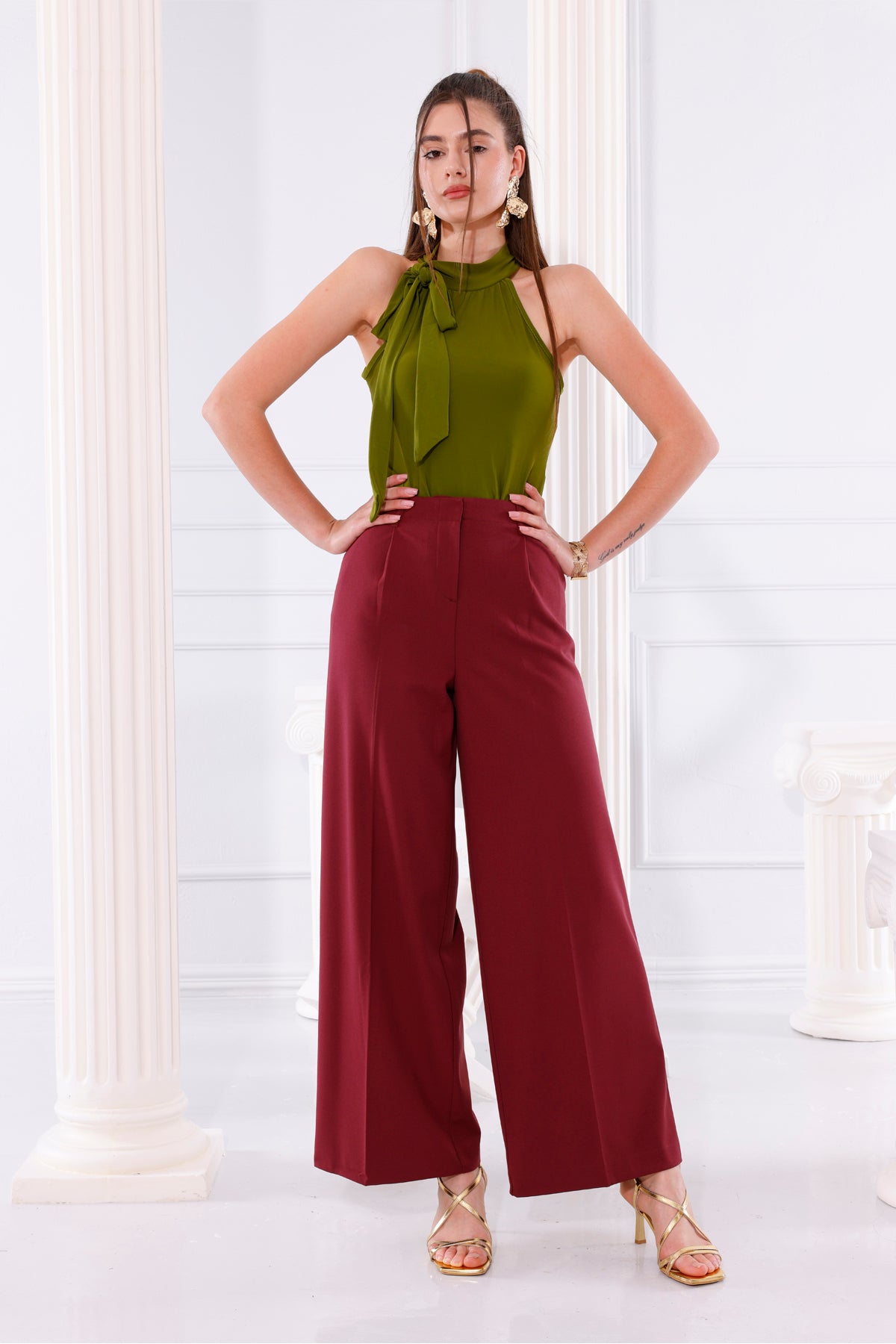 Kadın Pantolon Palazzo Pantolon Pileli Geniş Paça Arka Cepli Bol Paça Kadın Bordo Kumaş Pantolon