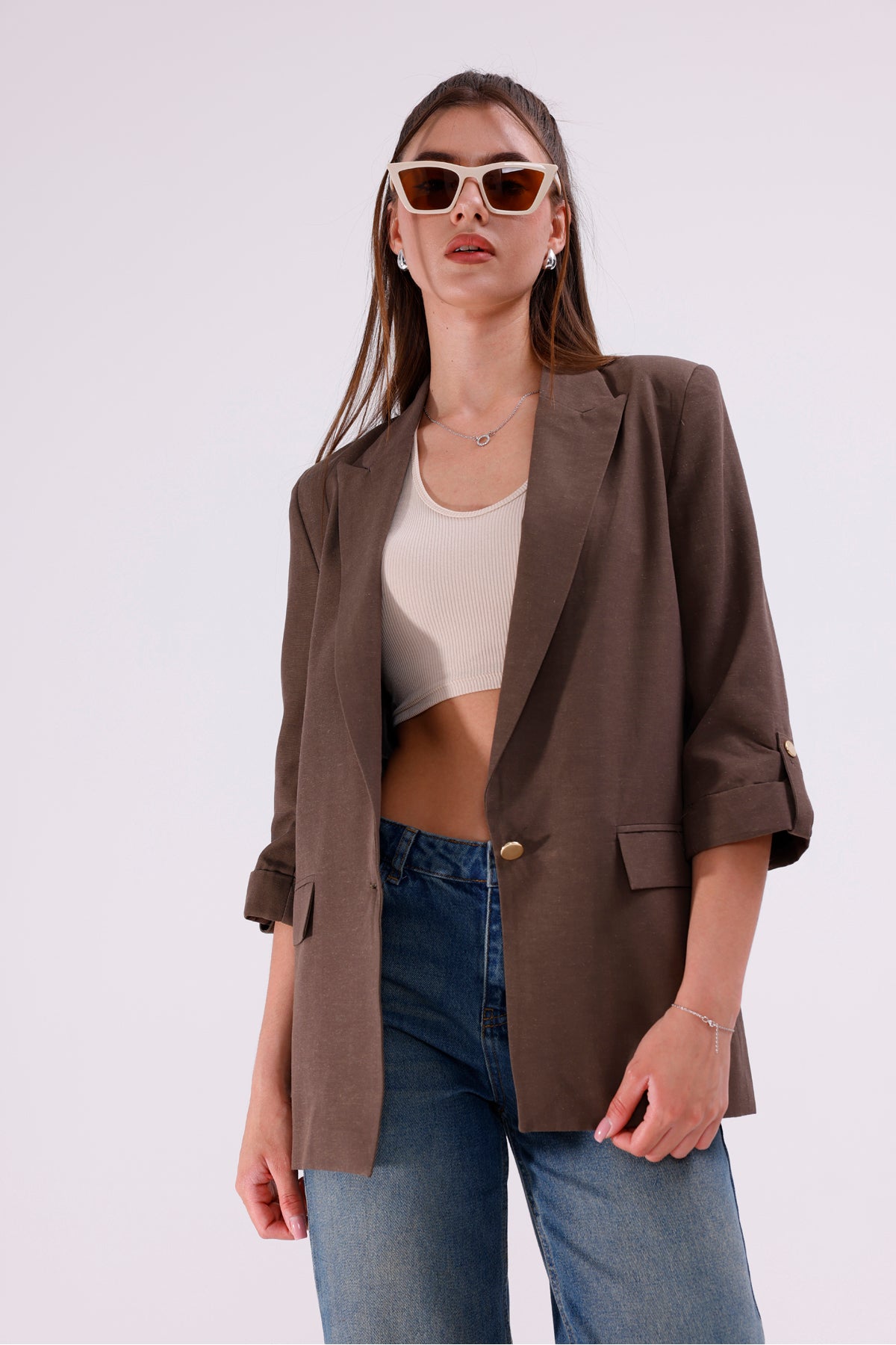 Kadın Ceket İçi Astarlı Blazer Kadın Ceket Uzun Şık Blezir Tesettür Ceket Kumaş Düğmeli Haki