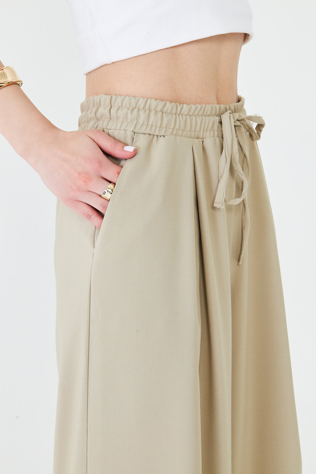 Kadın Pantolon Beli Lastikli Bağcıklı Bol Paça Pantolon Likralı Geniş Paça Rahat