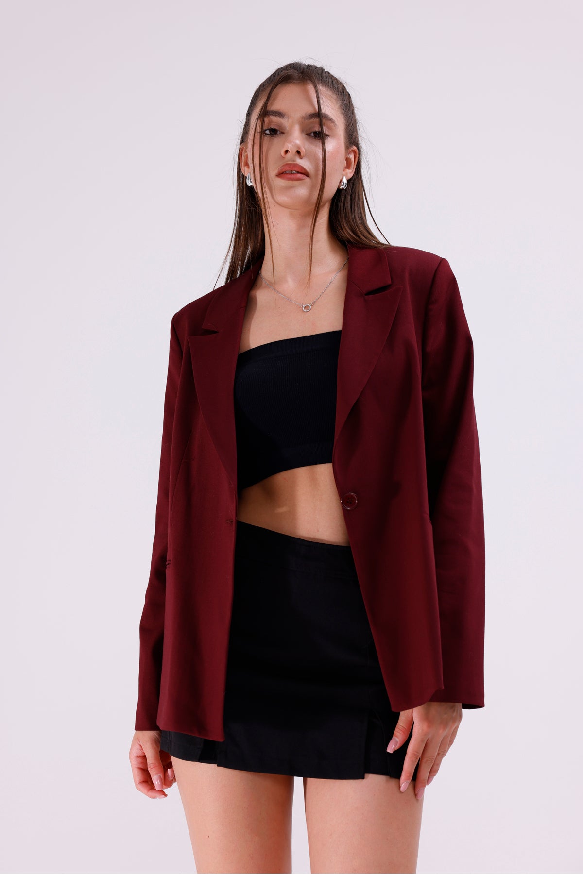 Kadın Ceket İçi Astarlı Bordo Blazer Kadın Ceket Uzun Şık Blezir Tesettür Ceket Kumaş Düğmeli