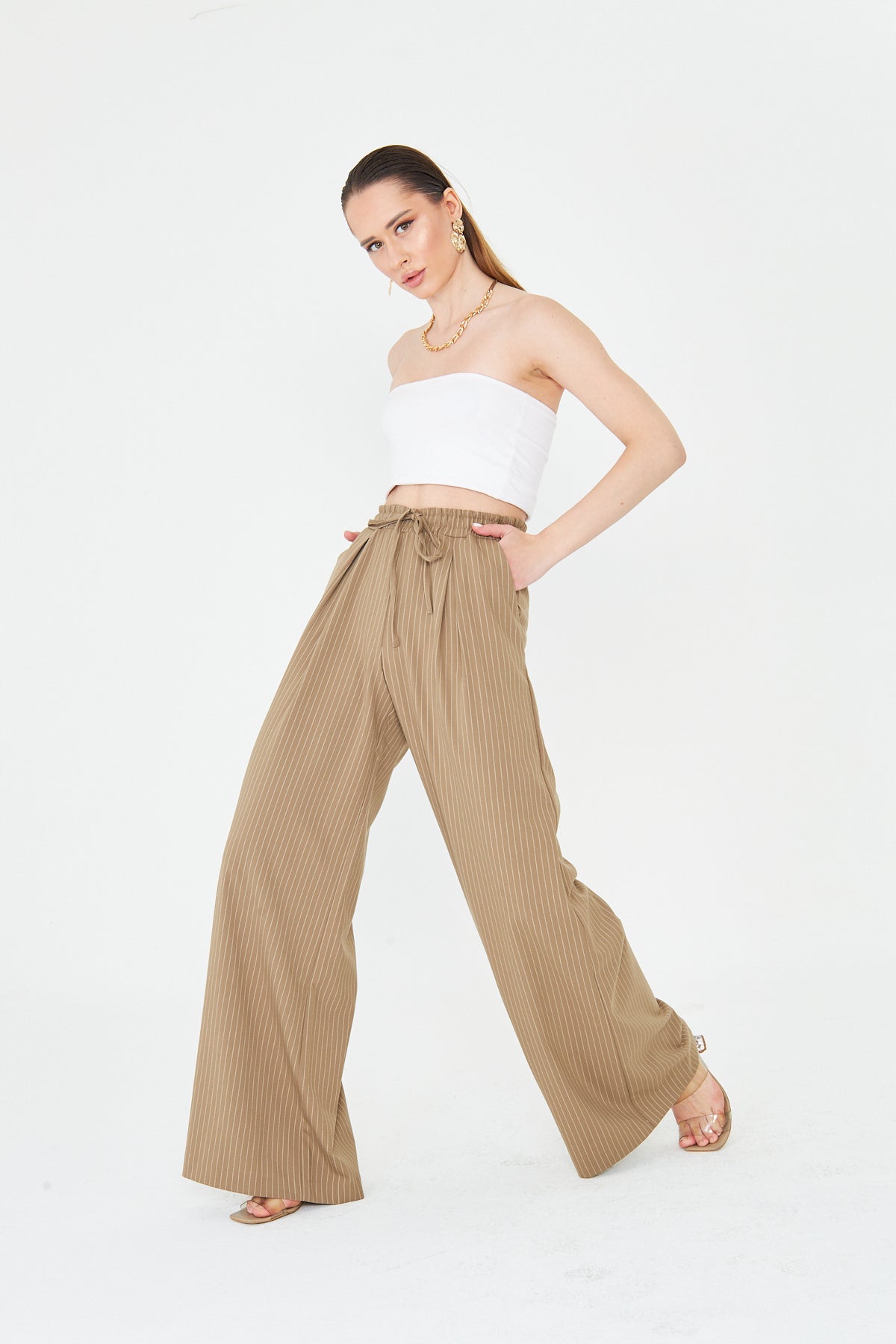 Kadın Pantolon Beli Lastikli Bağcıklı Bol Paça Pantolon Likralı Geniş Paça Rahat Çizgili