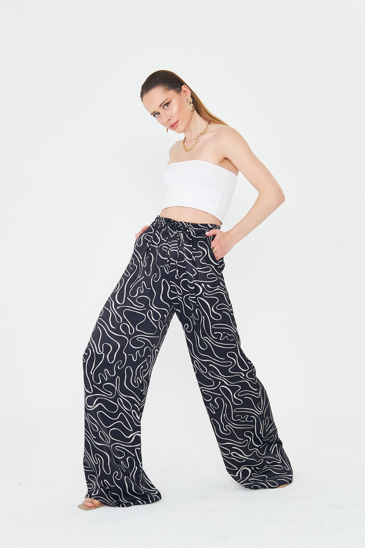 Kadın Pantolon Beli Lastikli Bağcıklı Bol Paça Pantolon Likralı Geniş Paça Rahat