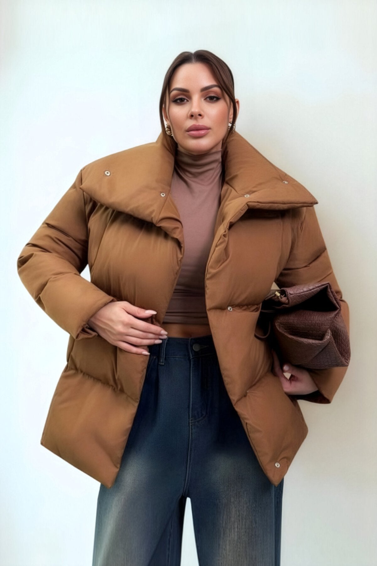 Kadın Mont Şişme Kadın Mont Dik Yaka Mevsimlik Şık Bomber Camel Kadın Kaban