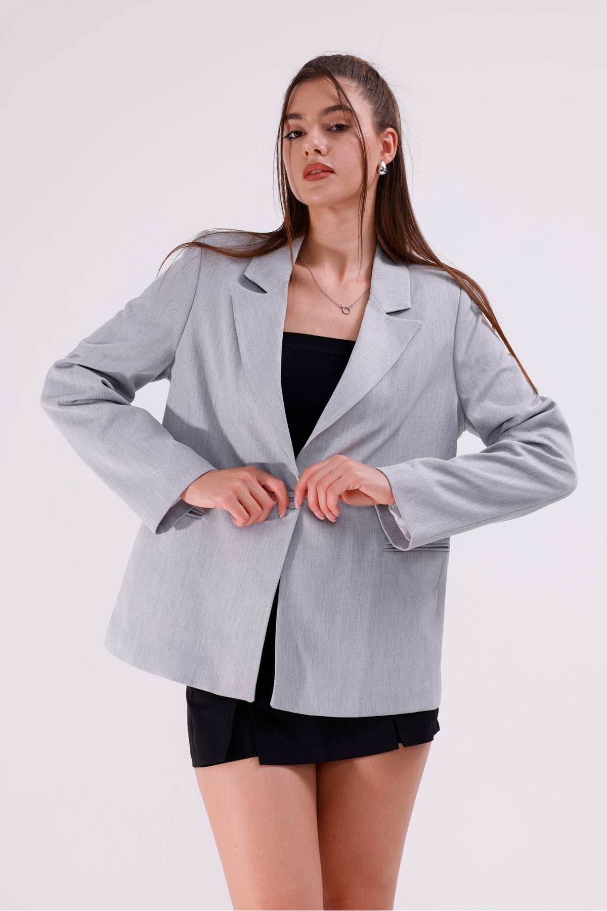 Kadın Ceket İçi Astarlı Blazer Kadın Ceket Uzun Şık Blezir Tesettür Ceket Kumaş Düğmeli Açık Gri