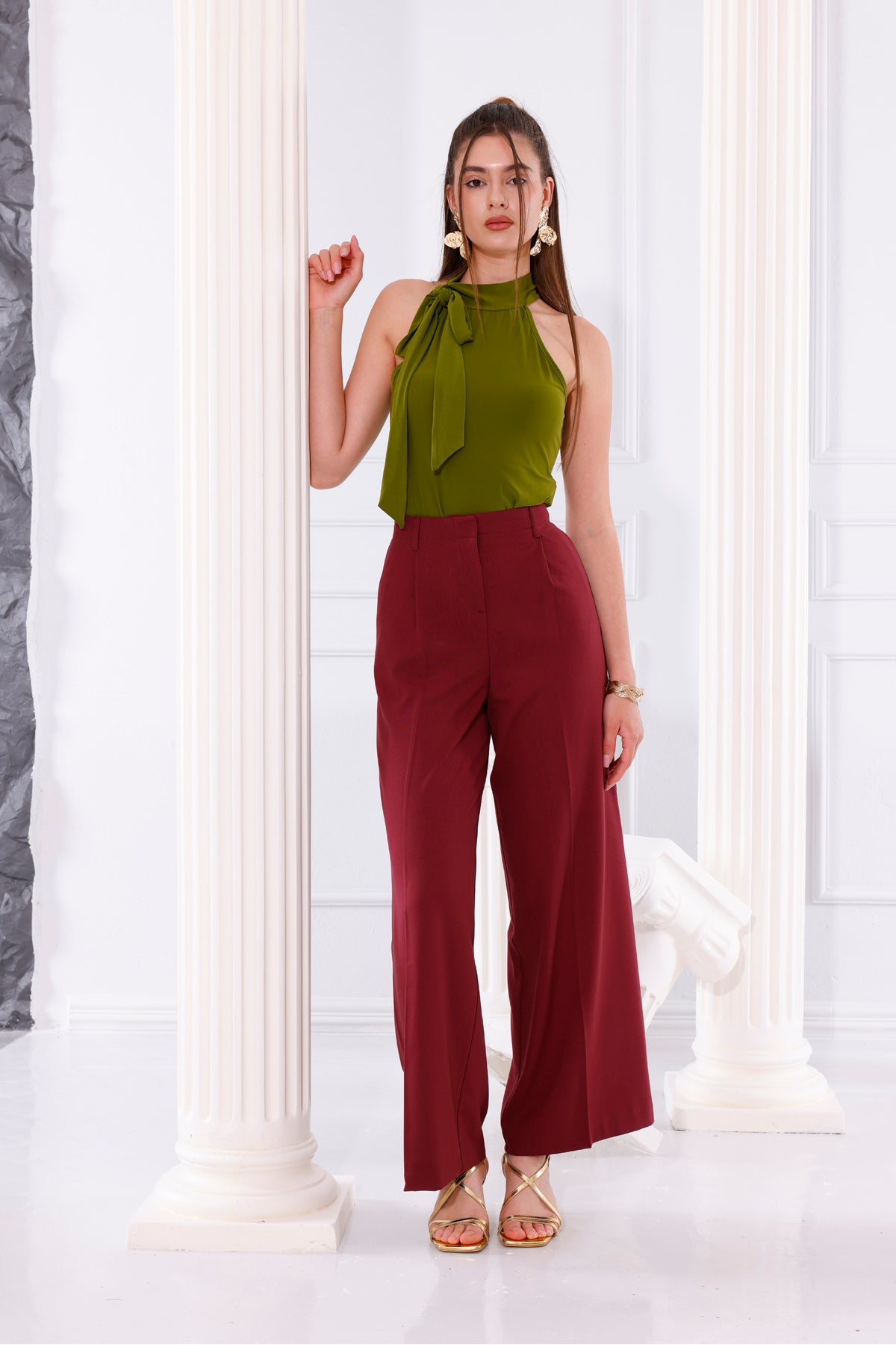 Kadın Pantolon Palazzo Pantolon Pileli Geniş Paça Arka Cepli Bol Paça Kadın Bordo Kumaş Pantolon