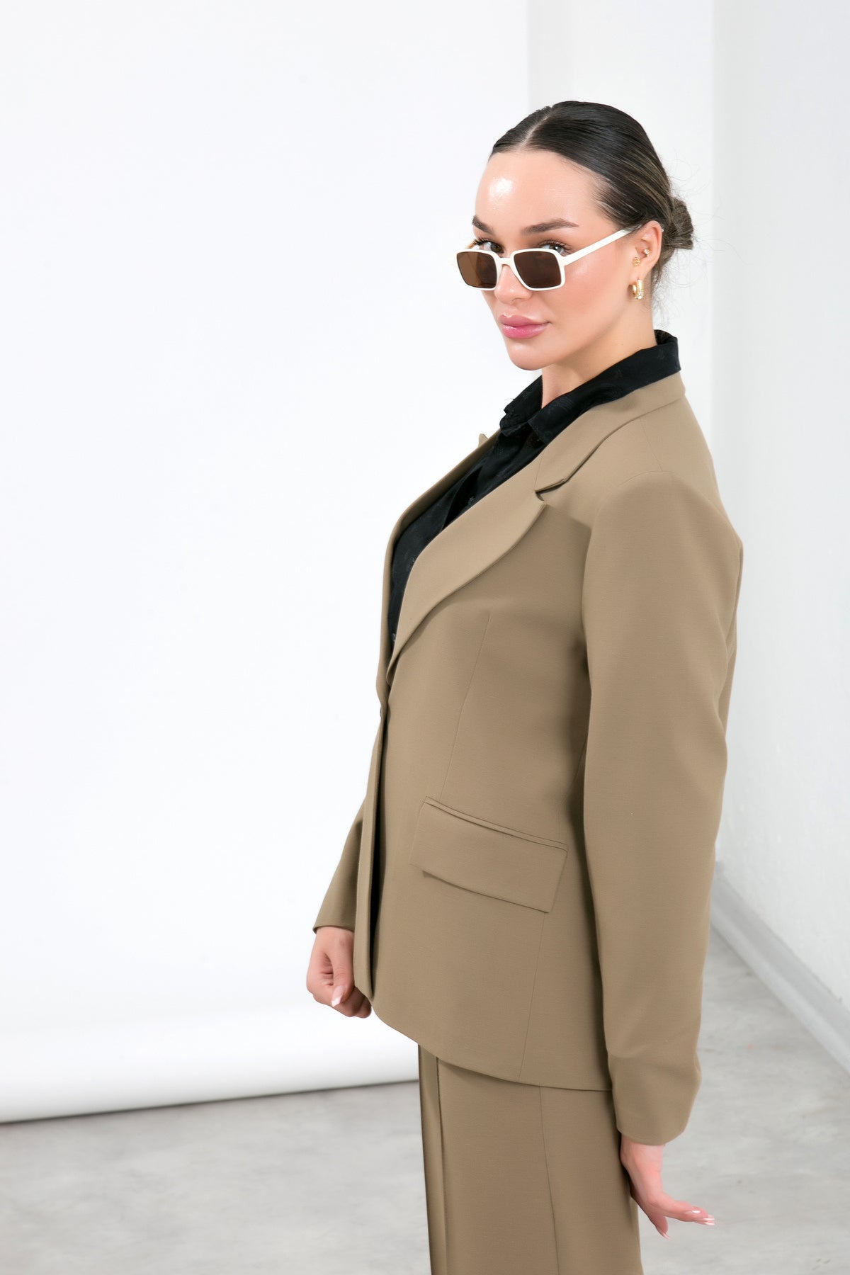 Alt Üst Takım Kadın Blazer Ceket Pantolon Takım Önden Kapaklı Cepli Rahat Ceket Pantolon Takımı Haki