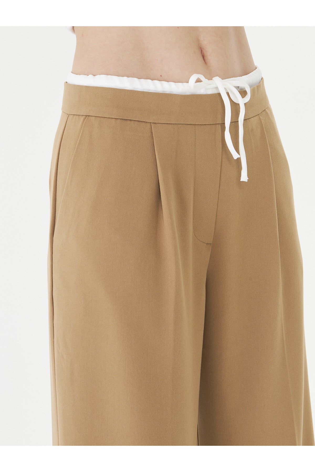Kadın Pantolon Bağcıklı Bol Paça Pantolon Likralı Geniş Paça Rahat Camel Pileli Pantolon Şık