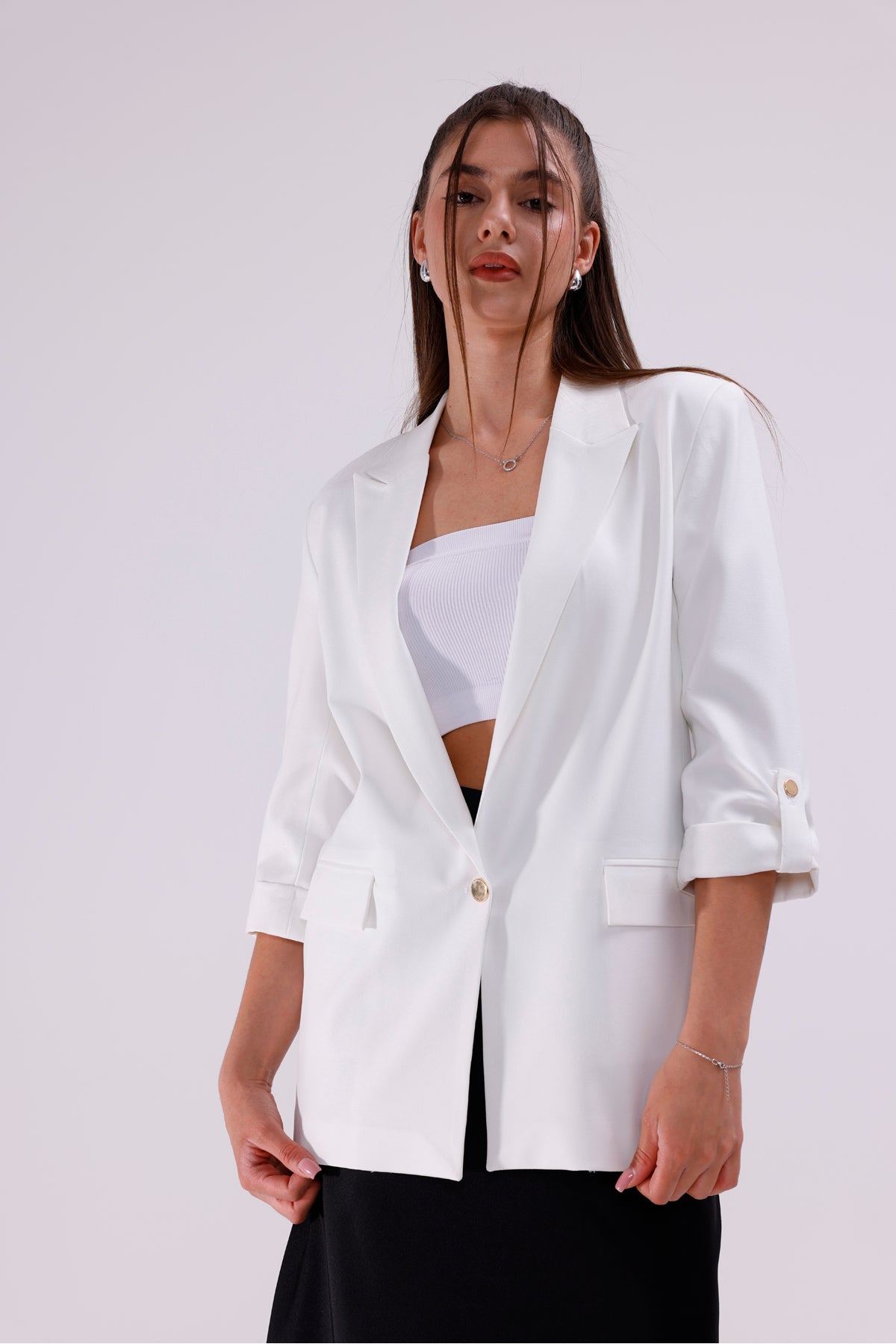 Kadın Ceket İçi Astarlı Beyaz Blazer Kadın Ceket Uzun Şık Blezir Tesettür Ceket Kumaş Düğmeli Spor