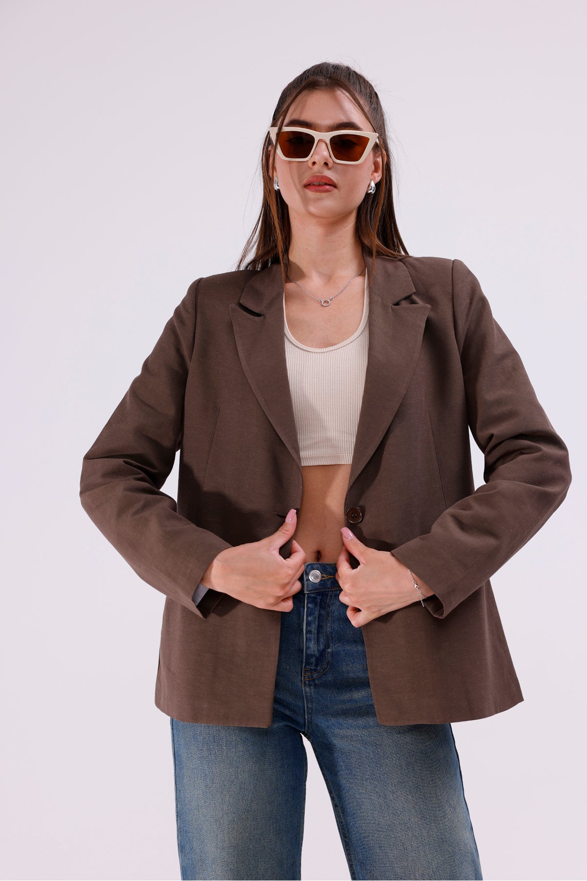Kadın Ceket İçi Astarlı Haki Blazer Kadın Ceket Uzun Şık Blezir Tesettür Ceket Kumaş Düğmeli Spor