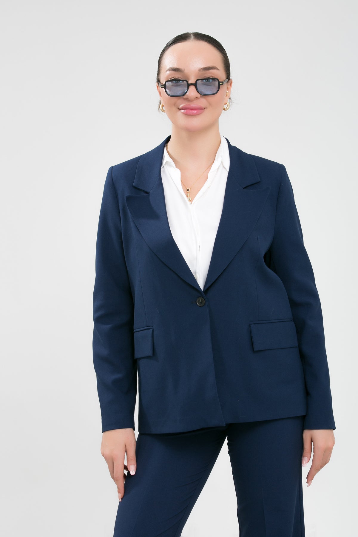 Alt Üst Takım Kadın Blazer Ceket Pantolon Takım Önden Kapak Cep Rahat Ceket Pantolon Takımı Lacivert