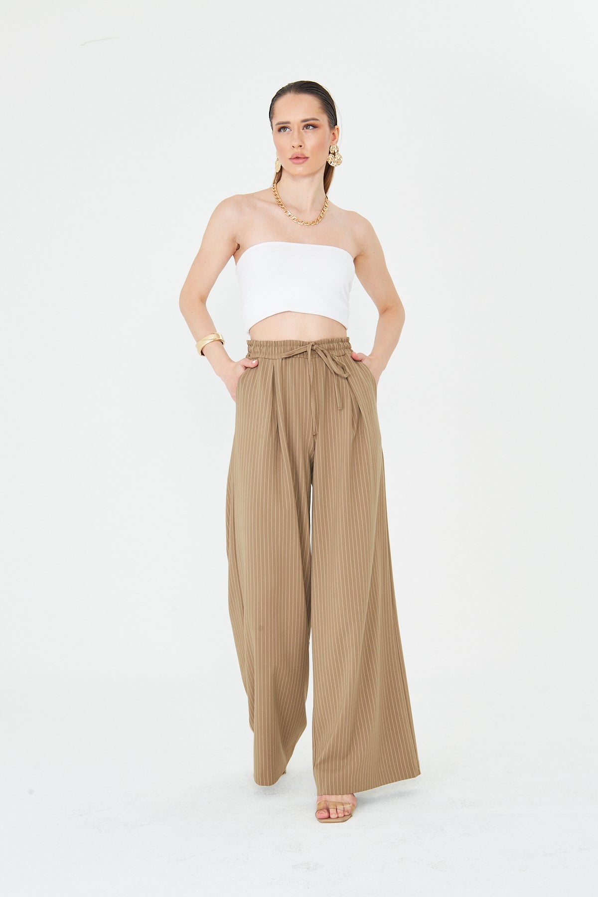 Kadın Pantolon Beli Lastikli Bağcıklı Bol Paça Pantolon Likralı Geniş Paça Rahat Çizgili