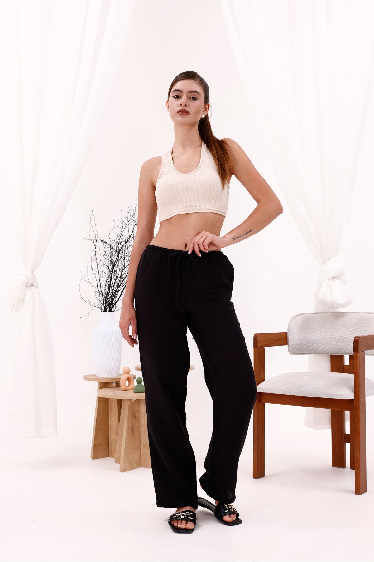 Kadın Pantolon Siyah Kadın Pantolon Beli Lastikli Kadın Pantolon Palazzo Boru Paça Müslin