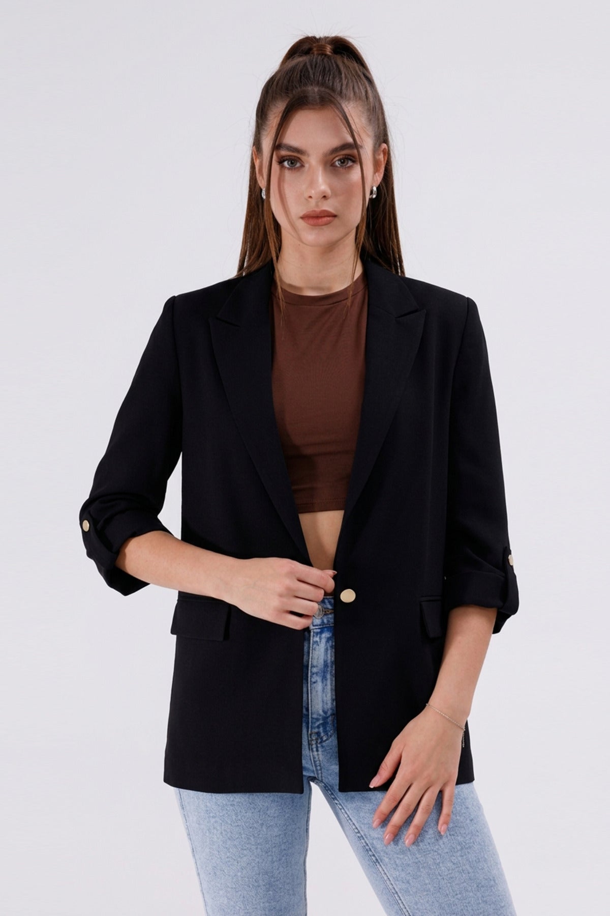 Kadın Ceket İçi Astarlı Blazer Kadın Ceket Uzun Şık Blezir Tesettür Ceket Siyah Kol Düğme Detaylı