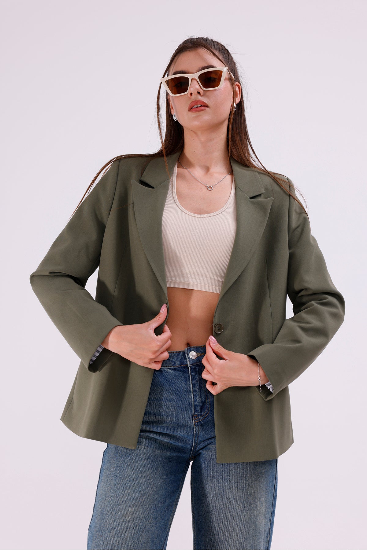 Kadın Ceket İçi Astarlı Yeşil Blazer Kadın Ceket Uzun Şık Blezir Tesettür Ceket Kumaş Düğmeli Spor