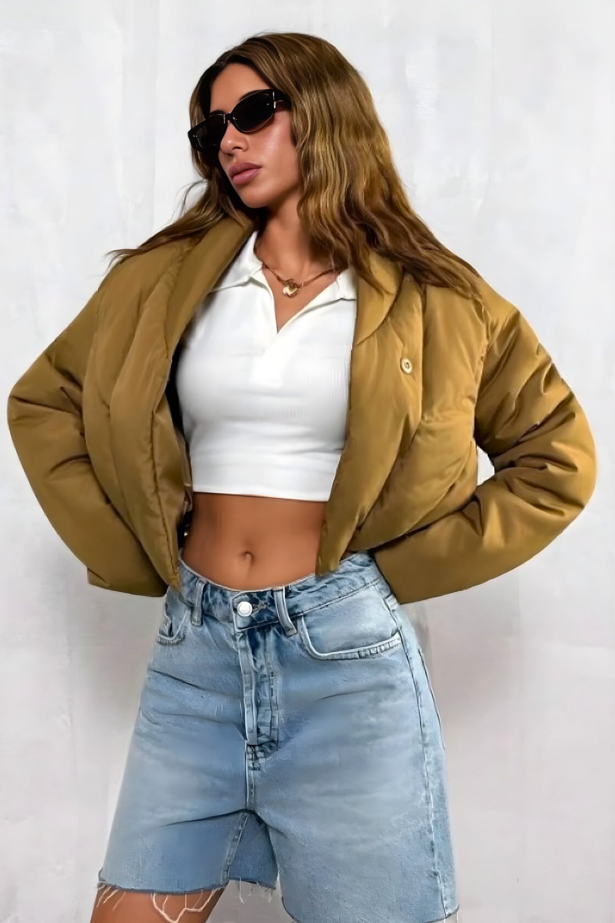 Kadın Mont Şişme Kadın Mont Önden Çıtçıtlı Bel Lastikli Crop Kışlık Mevsimlik Taba Bomber