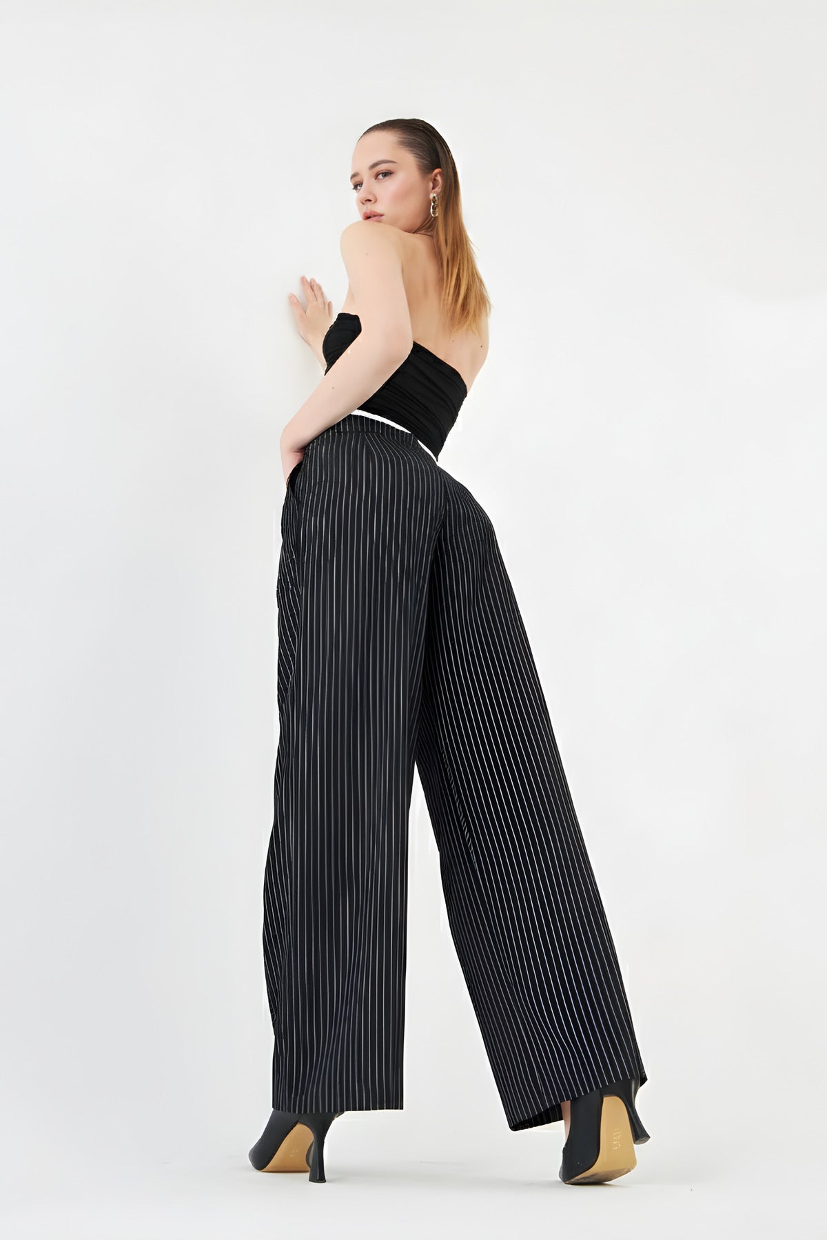Kadın Pantolon Bağcıklı Bol Paça Pantolon Likralı Geniş Paça Rahat Siyah Renk Siyah Pantolon