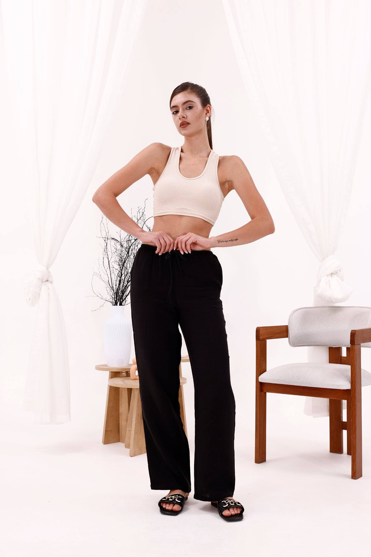Kadın Pantolon Siyah Kadın Pantolon Beli Lastikli Kadın Pantolon Palazzo Boru Paça Müslin