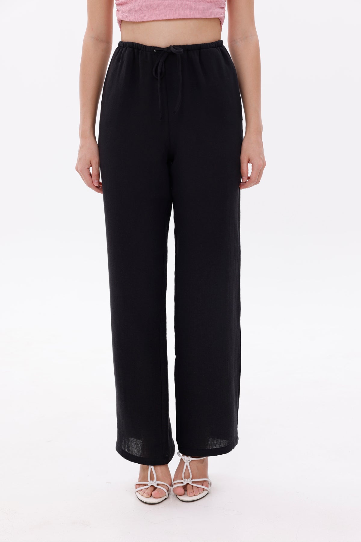 Kadın Pantolon Beli Lastikli Bağcıklı Bol Paça Pantolon Geniş Paça Rahat Pantolon