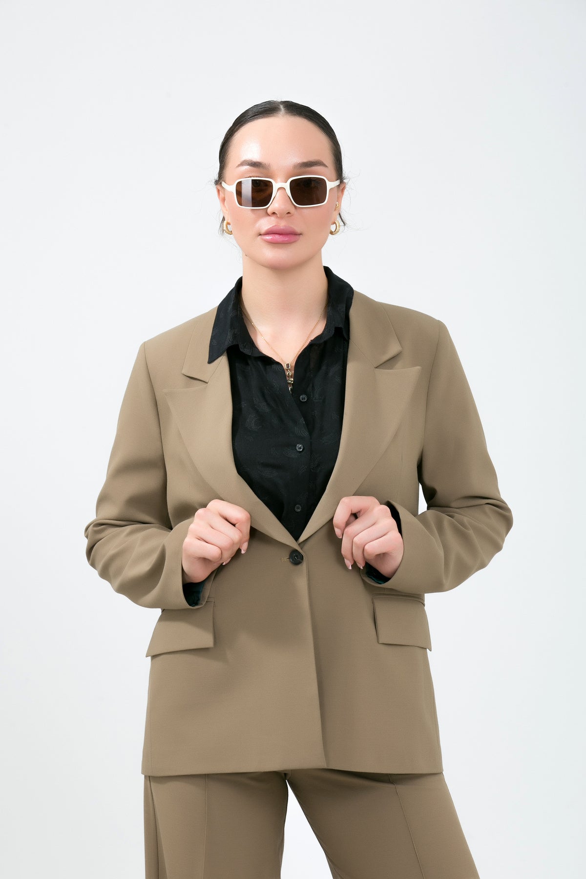 Alt Üst Takım Kadın Blazer Ceket Pantolon Takım Önden Kapaklı Cepli Rahat Ceket Pantolon Takımı Haki