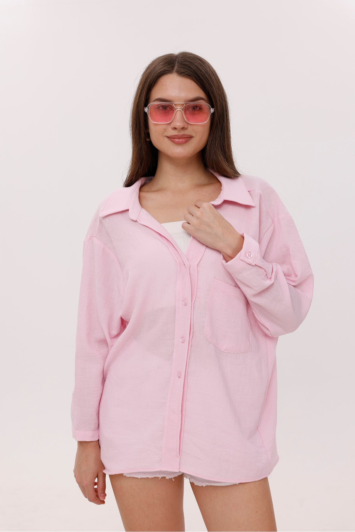 Kadın Gömlek Önden Cepli Düşük Omuz Pembe Kadın Gömlek Salaş Oversize Kadın Gömlek