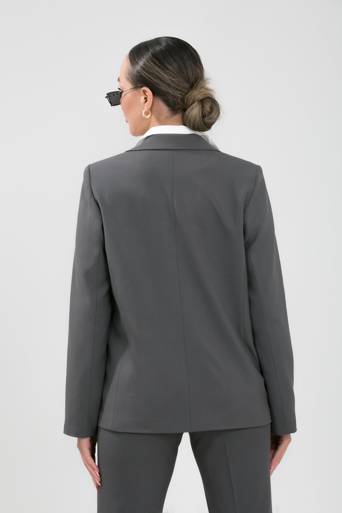 Alt Üst Takım Kadın Blazer Ceket Pantolon Takım Önden Kapak Cep Rahat Ceket Pantolon Takımı Antrasit