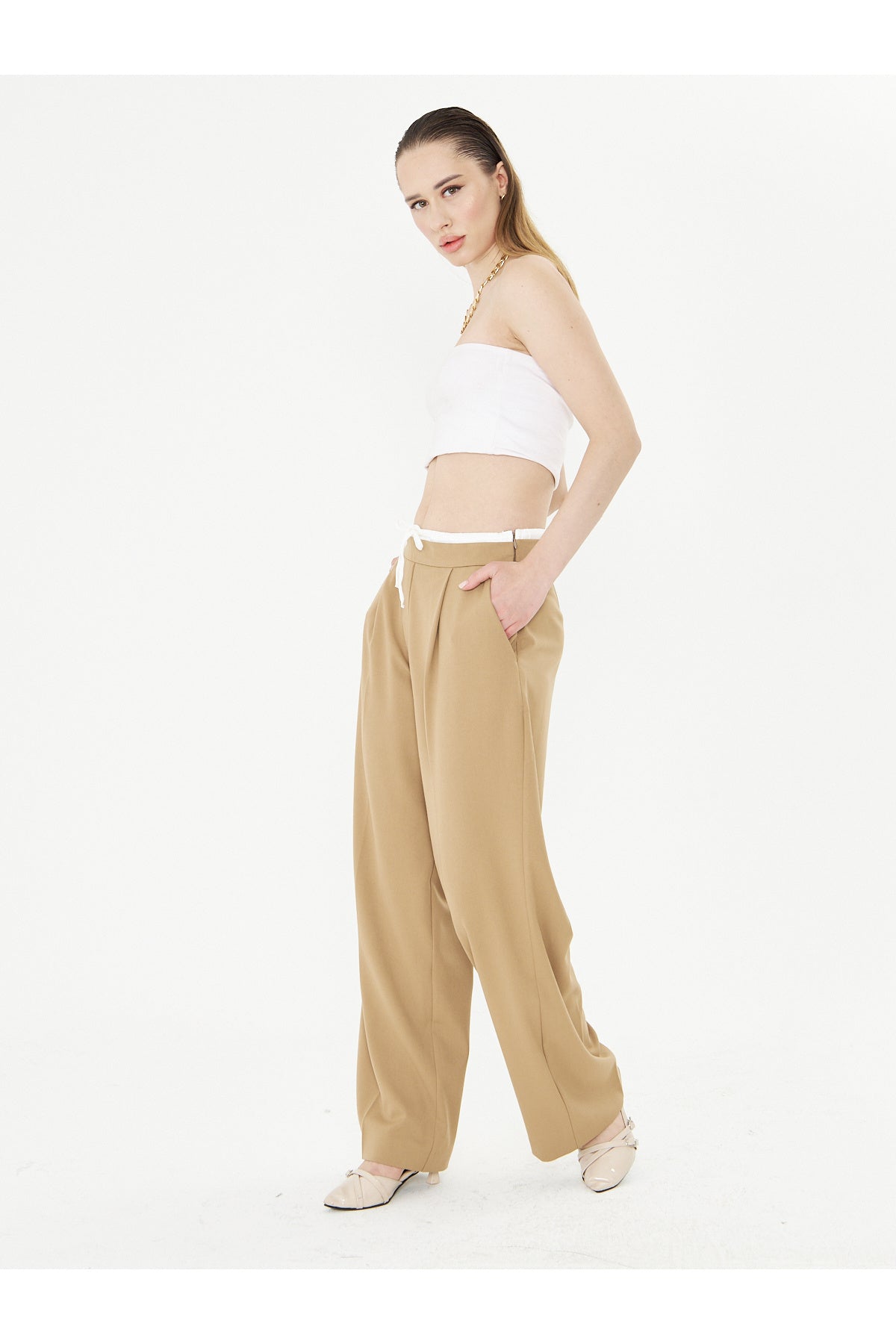 Kadın Pantolon Bağcıklı Bol Paça Pantolon Likralı Geniş Paça Rahat Camel Pileli Pantolon Şık