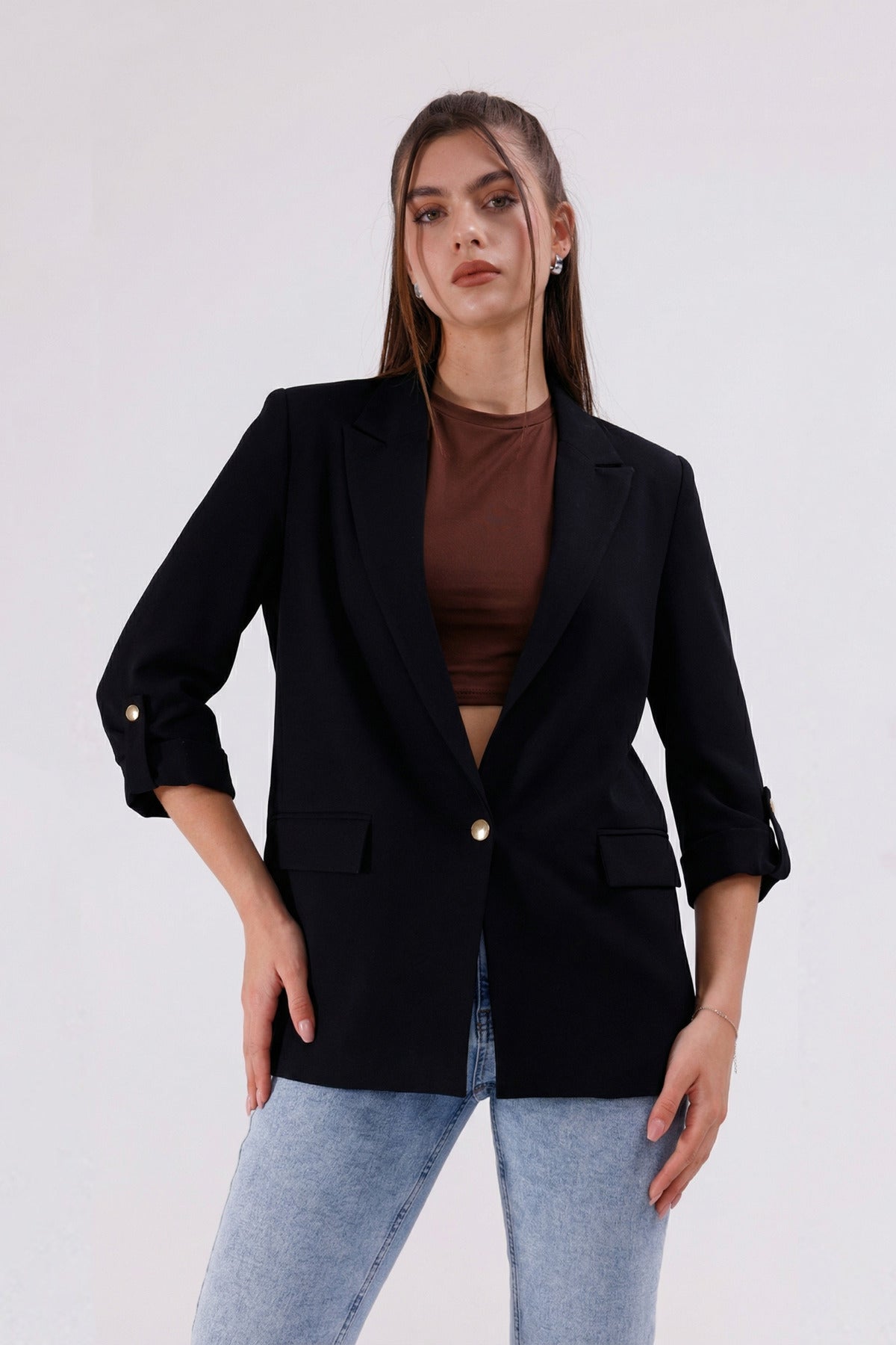 Kadın Ceket İçi Astarlı Blazer Kadın Ceket Uzun Şık Blezir Tesettür Ceket Siyah Kol Düğme Detaylı