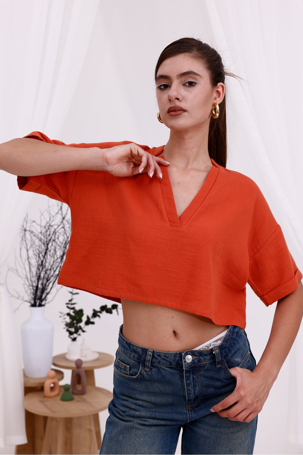 Kadın Bluz Şık Kadın Bluz V Yaka Crop Bluz Kısa Kol Önden Patlı Kısa Bluz Turuncu Salaş Basic