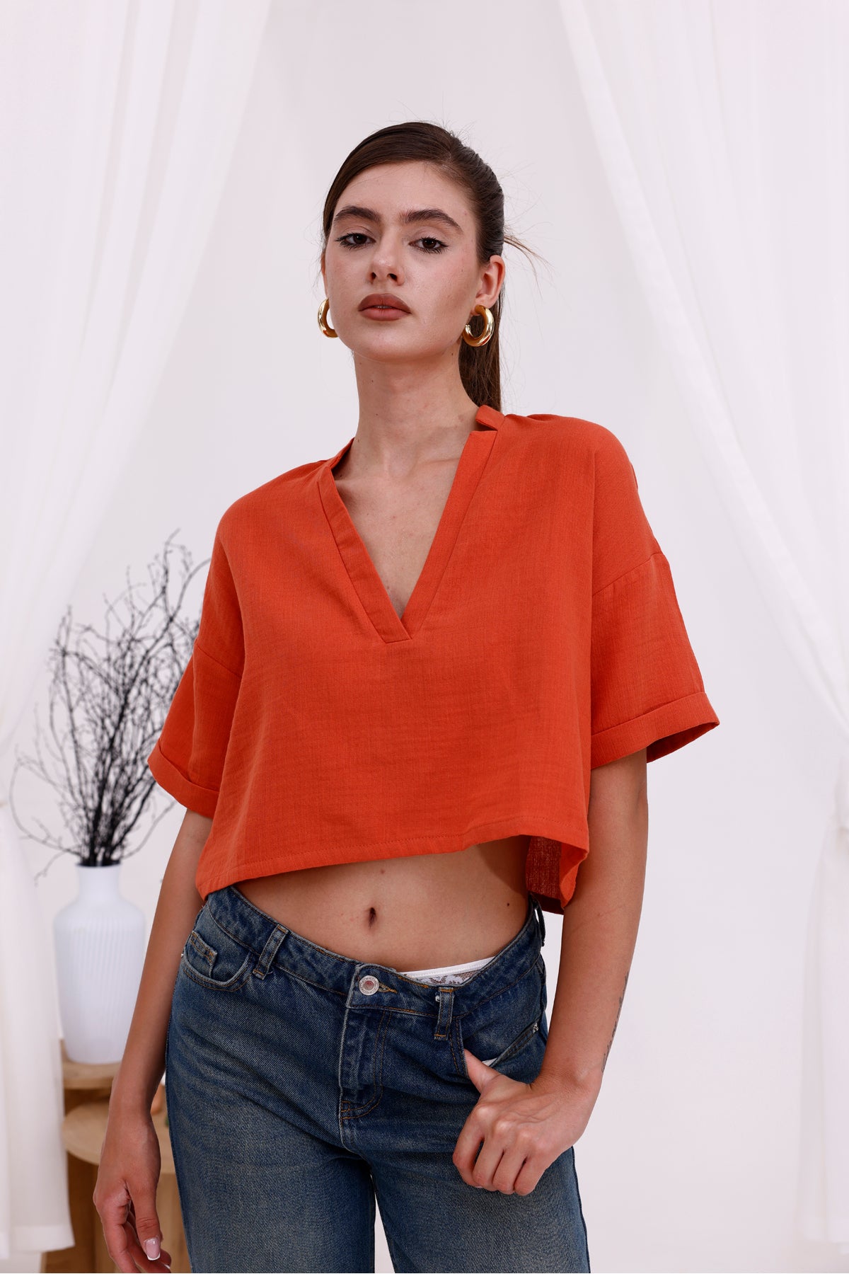 Kadın Bluz Şık Kadın Bluz V Yaka Crop Bluz Kısa Kol Önden Patlı Kısa Bluz Turuncu Salaş Basic