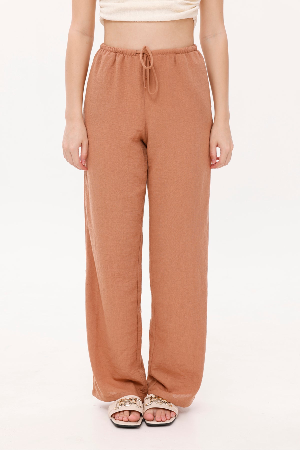 Kadın Pantolon Beli Lastikli Bağcıklı Rahat Kumaş Dokuma Pantolon Şık Pantolon Kadın