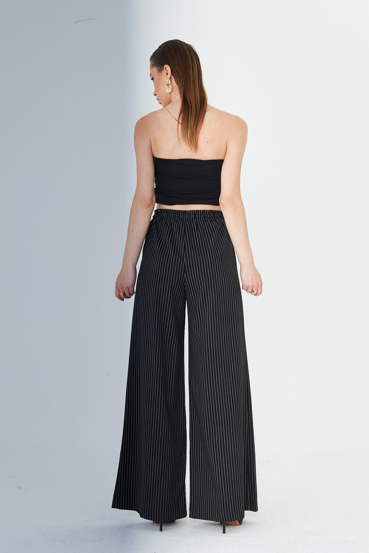 Kadın Pantolon Beli Lastikli Bağcıklı Bol Paça Pantolon Likralı Geniş Paça Rahat Çizgili