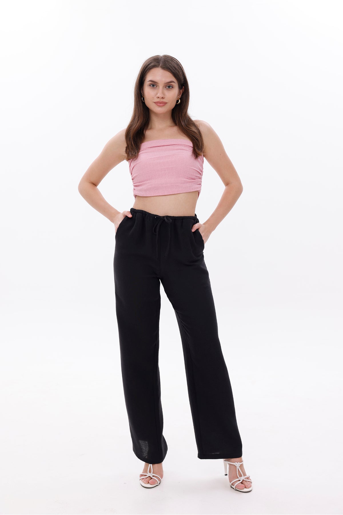 Kadın Pantolon Beli Lastikli Bağcıklı Bol Paça Pantolon Geniş Paça Rahat Pantolon