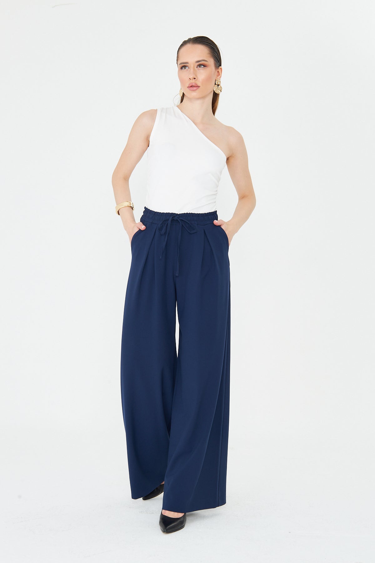 Kadın Pantolon Beli Lastikli Bağcıklı Bol Paça Pantolon Likralı Geniş Paça Rahat
