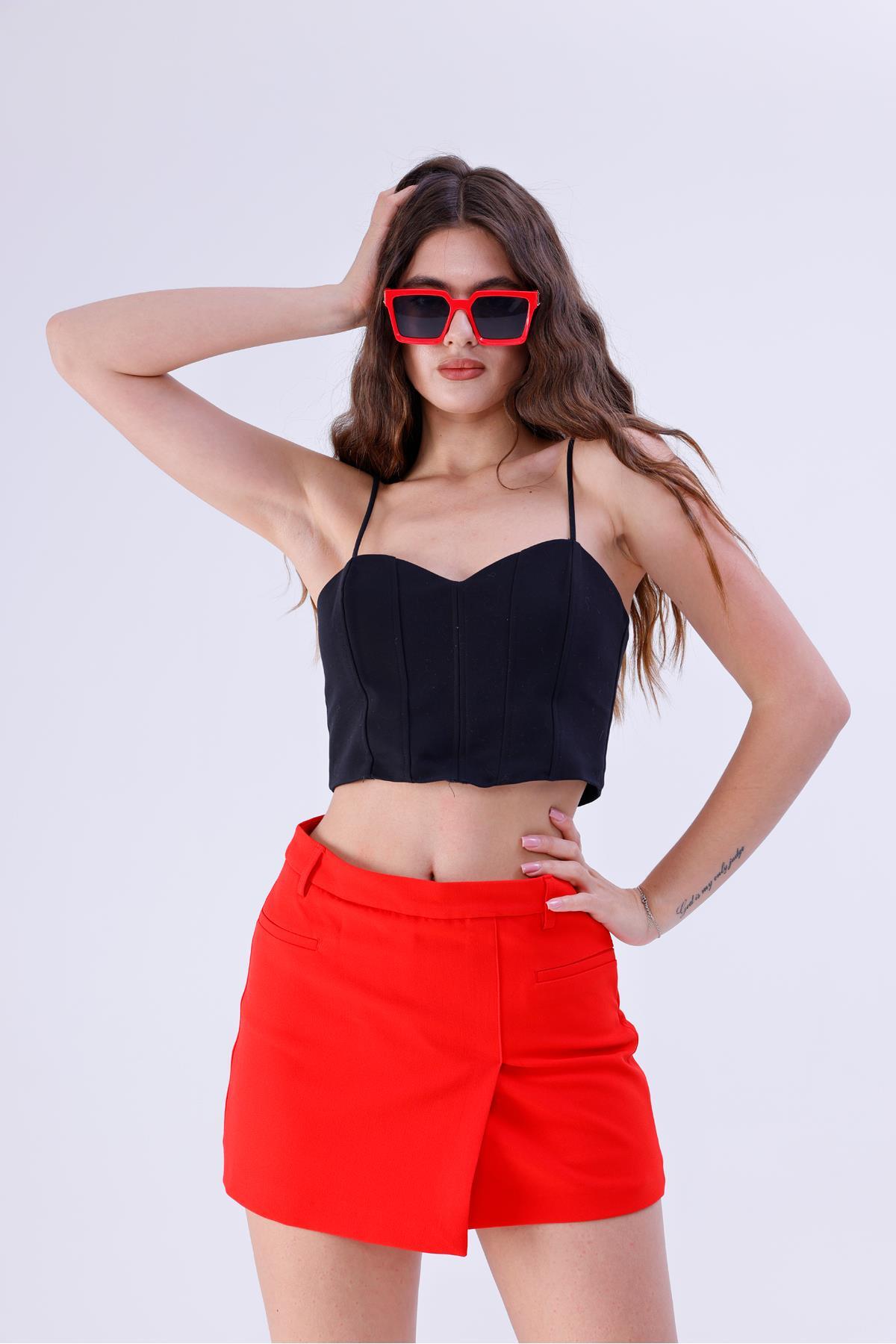 Şort Etek Kadın Şortlu Etek Mini Yırtmaçlı Yandan Fermuarlı Kumaş