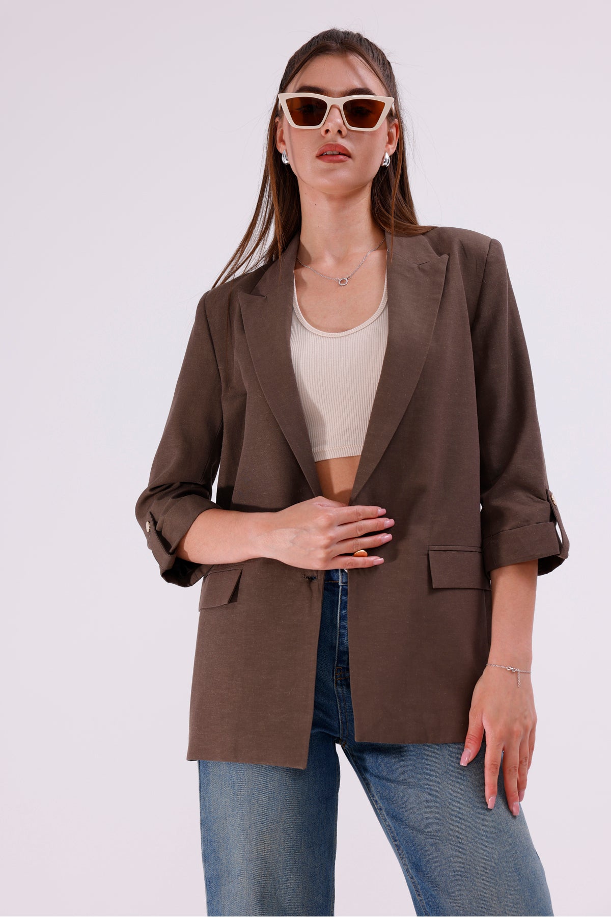 Kadın Ceket İçi Astarlı Blazer Kadın Ceket Uzun Şık Blezir Tesettür Ceket Kumaş Düğmeli Haki