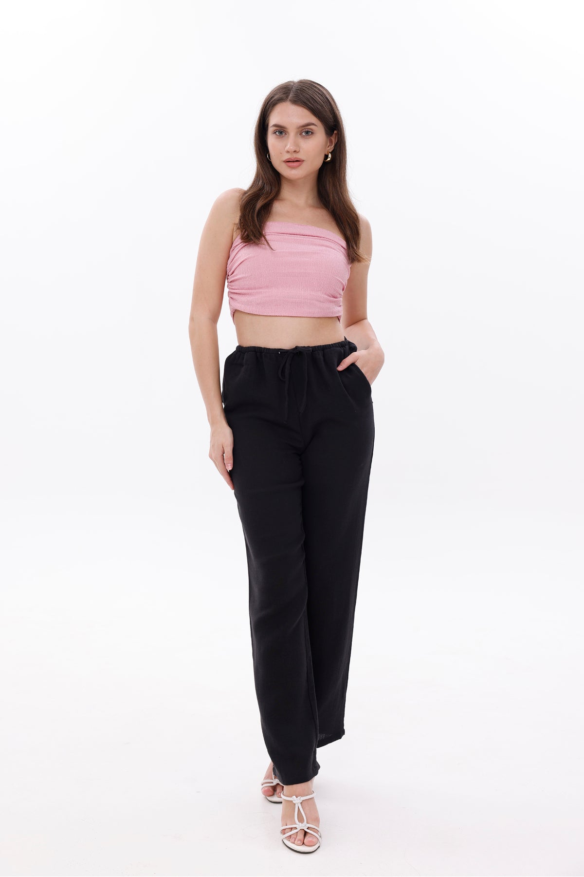 Kadın Pantolon Beli Lastikli Bağcıklı Bol Paça Pantolon Geniş Paça Rahat Pantolon