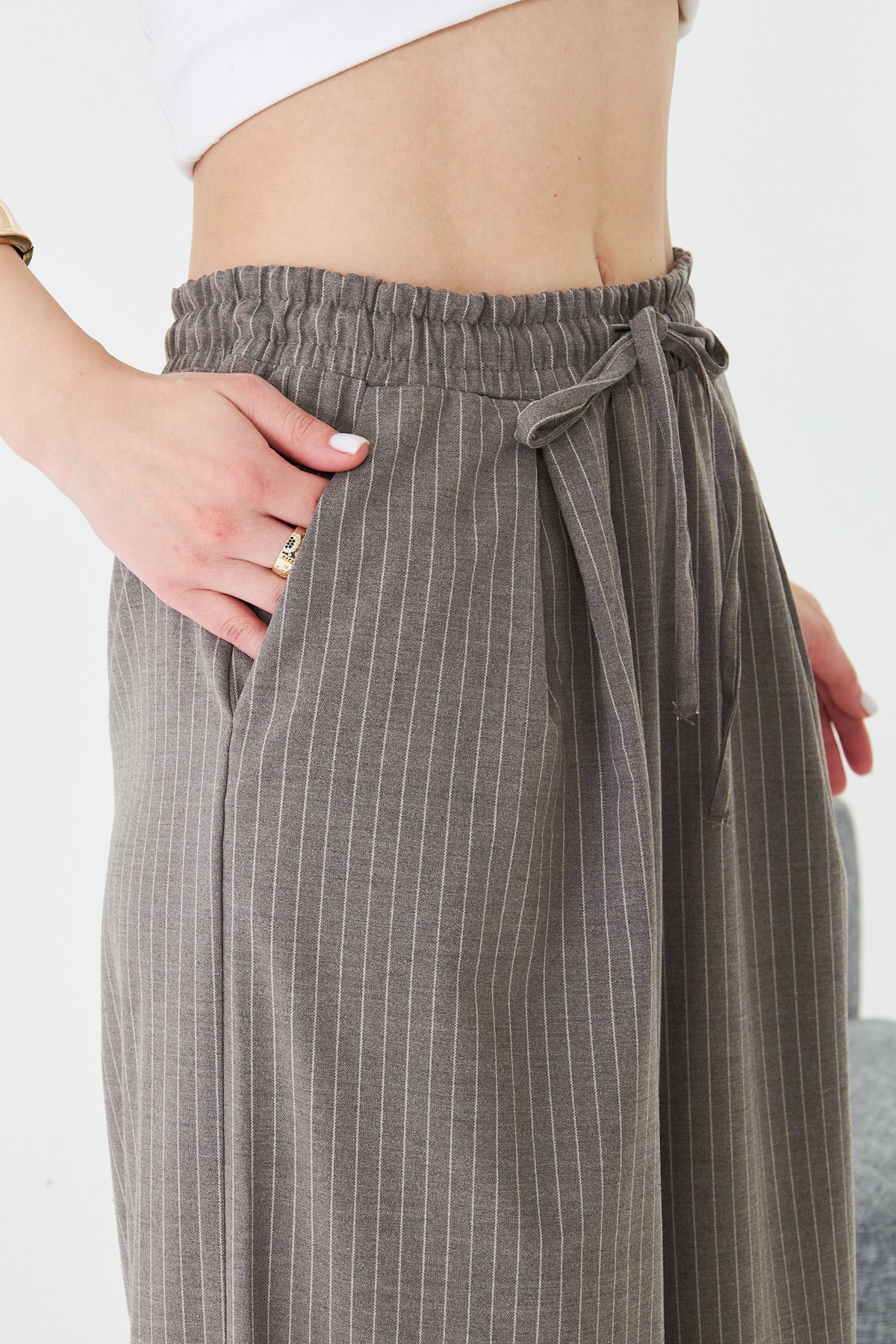 Kadın Pantolon Beli Lastikli Bağcıklı Bol Paça Pantolon Likralı Geniş Paça Rahat