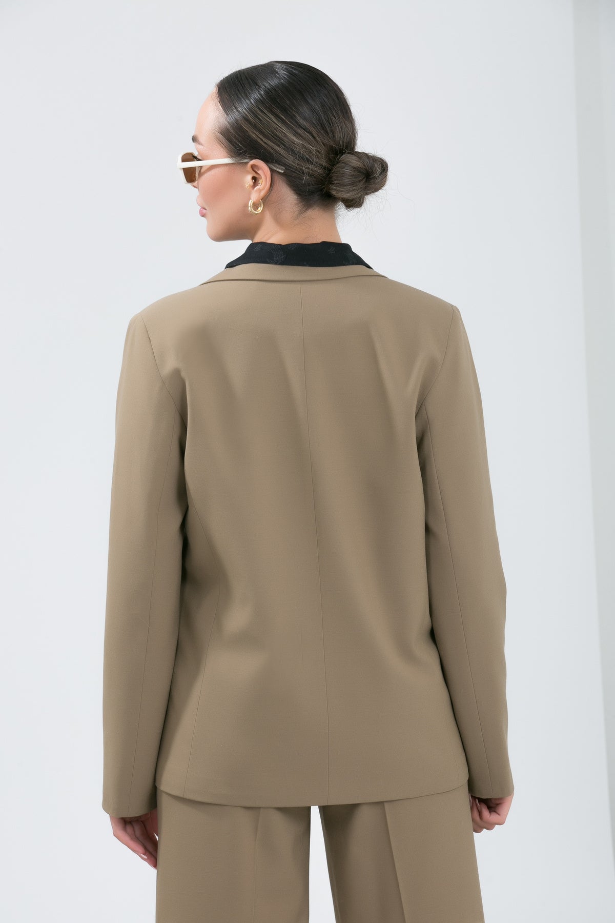 Alt Üst Takım Kadın Blazer Ceket Pantolon Takım Önden Kapaklı Cepli Rahat Ceket Pantolon Takımı Haki