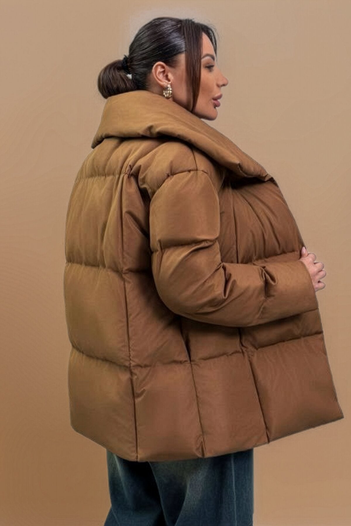Kadın Mont Şişme Kadın Mont Dik Yaka Mevsimlik Şık Bomber Camel Kadın Kaban