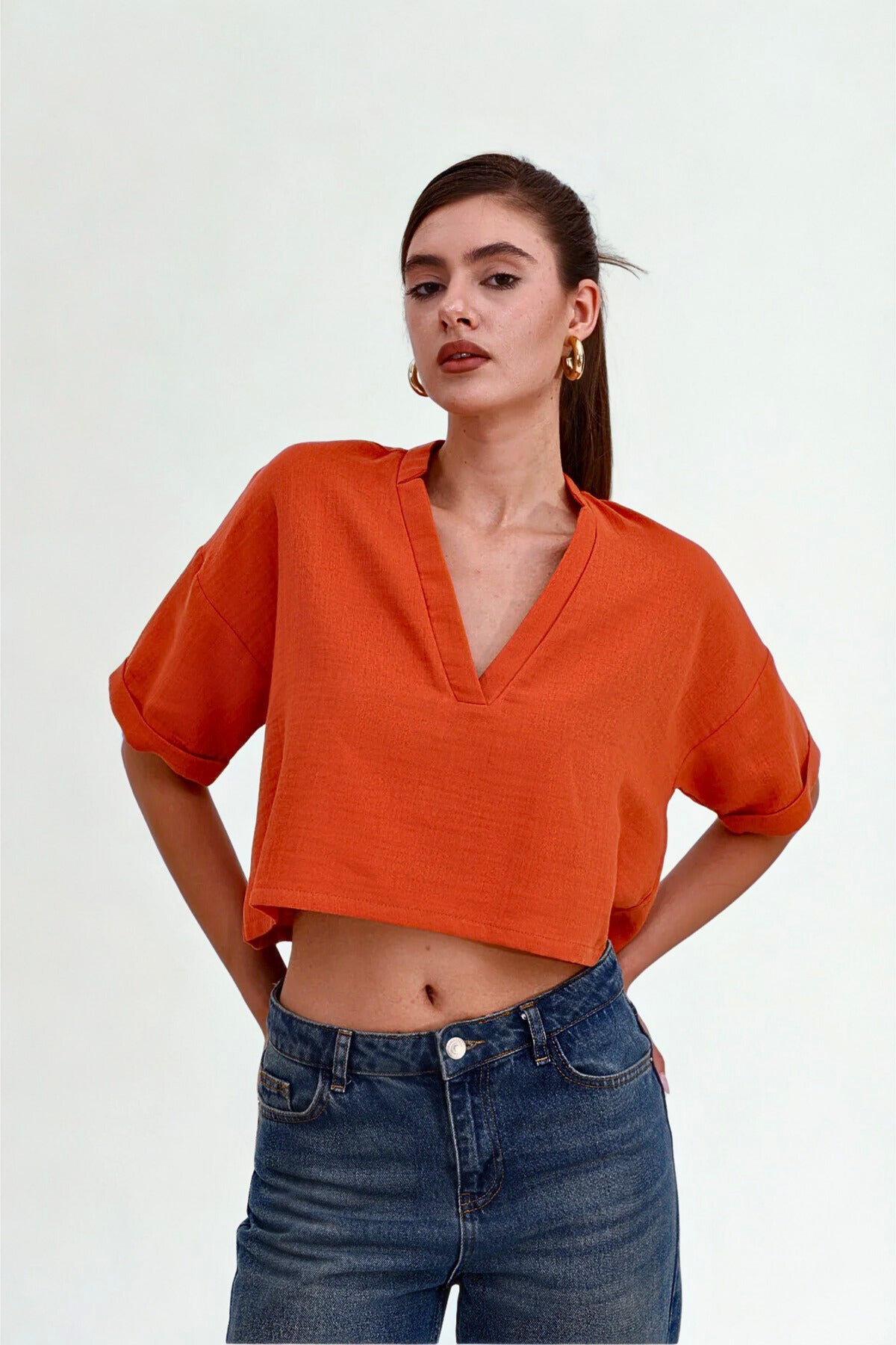 Kadın Bluz Şık Kadın Bluz V Yaka Crop Bluz Kısa Kol Önden Patlı Kısa Bluz Turuncu Salaş Basic