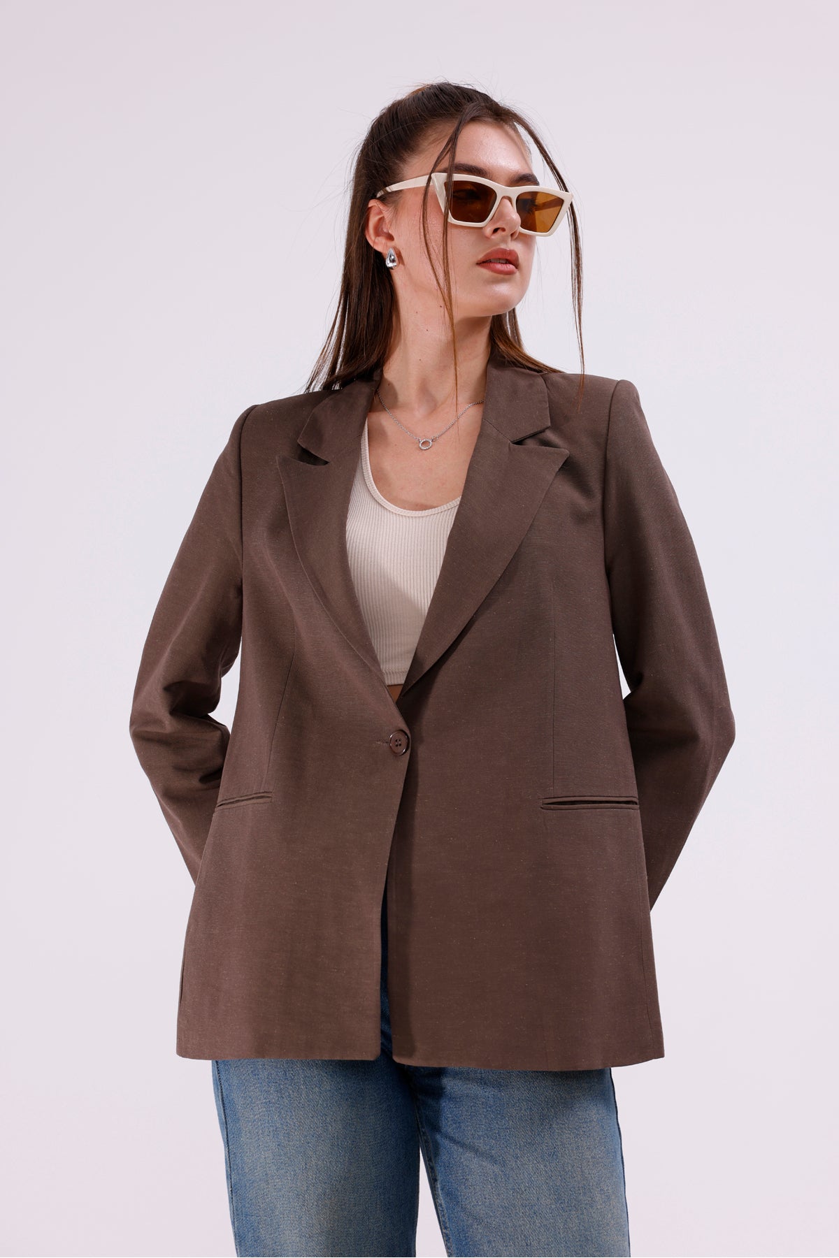 Kadın Ceket İçi Astarlı Haki Blazer Kadın Ceket Uzun Şık Blezir Tesettür Ceket Kumaş Düğmeli Spor