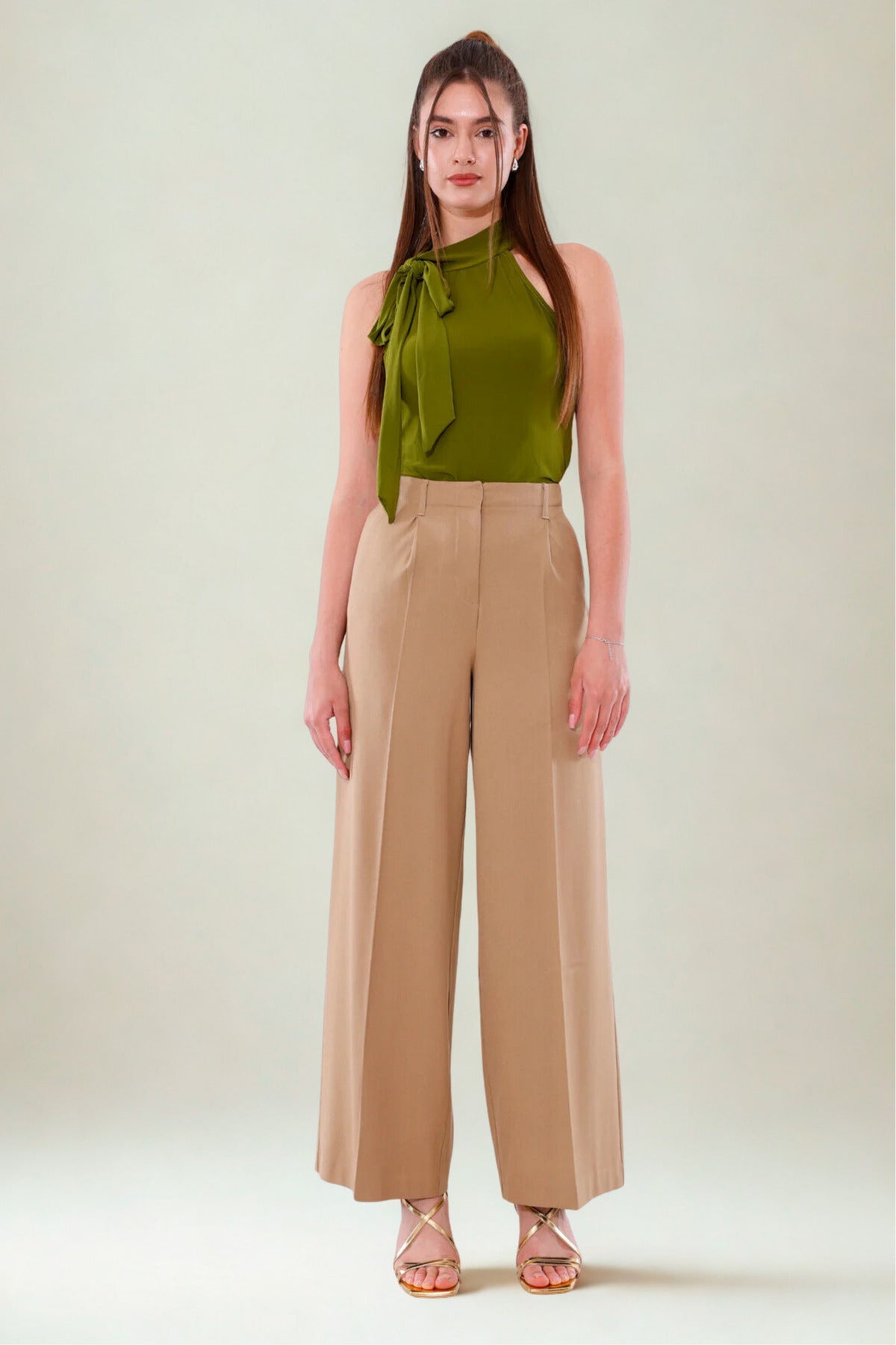 Kadın Pantolon Palazzo Pantolon Pileli Geniş Paça Arka Cepli Bol Paça Kadın Camel Kumaş Pantolon