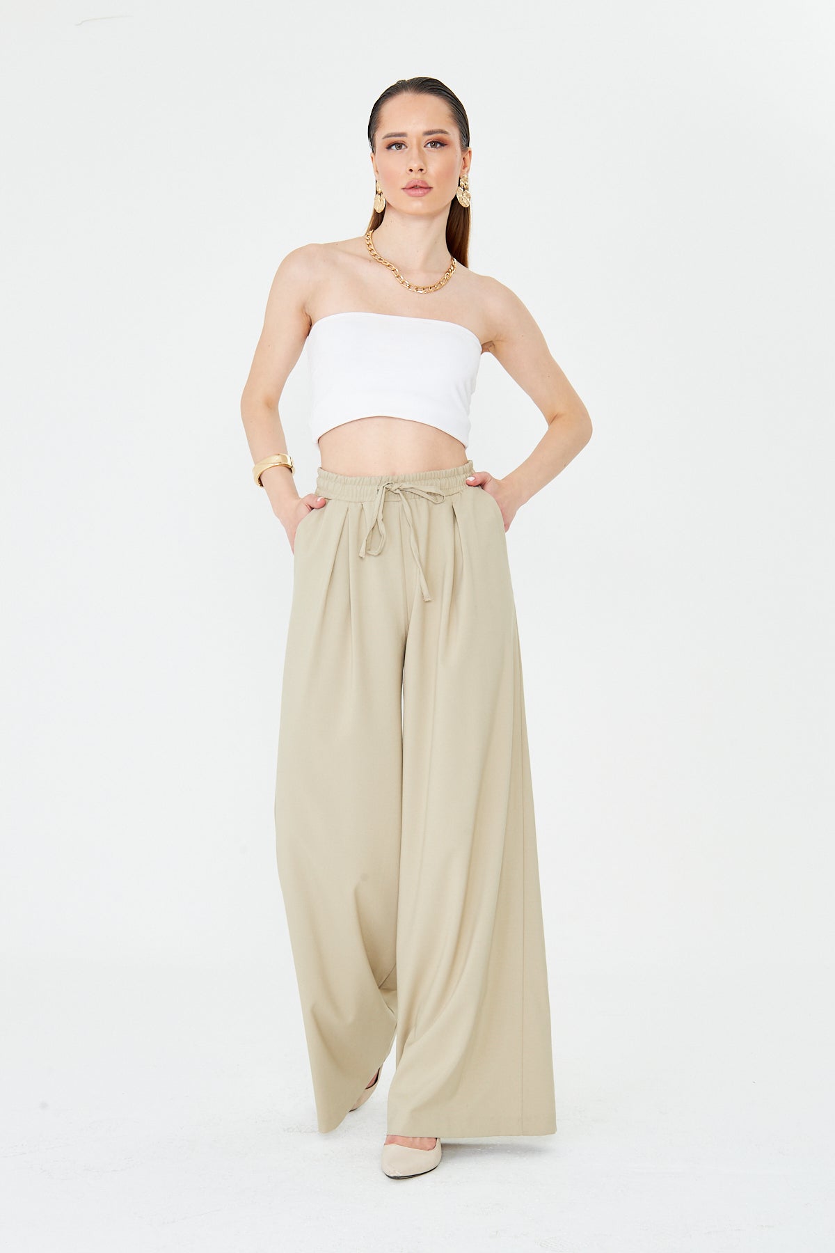 Kadın Pantolon Beli Lastikli Bağcıklı Bol Paça Pantolon Likralı Geniş Paça Rahat