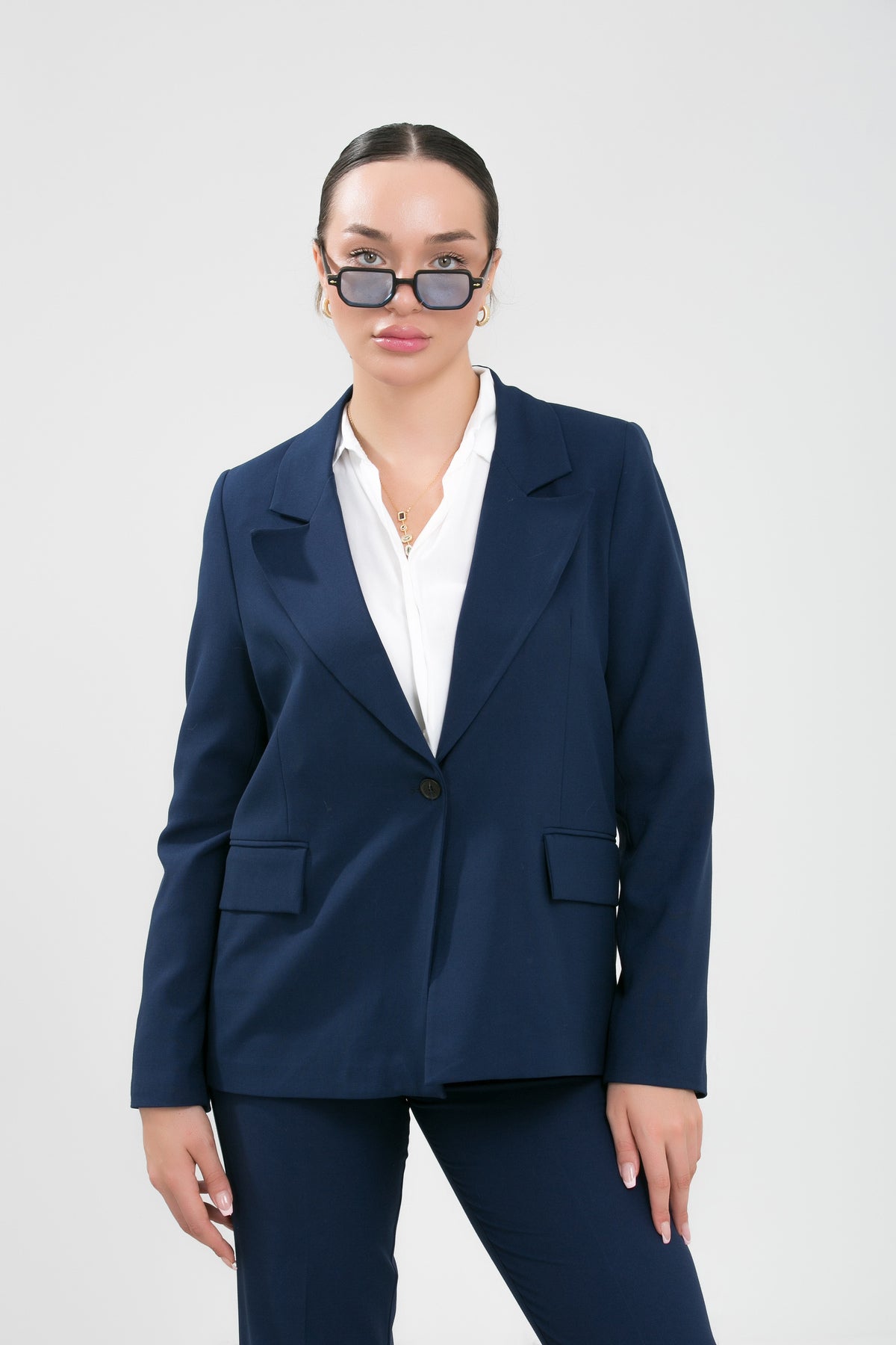Alt Üst Takım Kadın Blazer Ceket Pantolon Takım Önden Kapak Cep Rahat Ceket Pantolon Takımı Lacivert