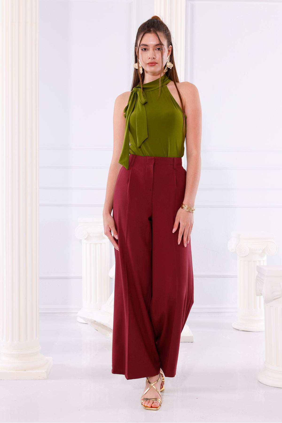 Kadın Pantolon Palazzo Pantolon Pileli Geniş Paça Arka Cepli Bol Paça Kadın Bordo Kumaş Pantolon